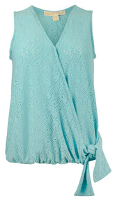 Michael Kors Women's Paisley Eyelet Wrap Sleeveless Top Blouse X-Large Turquoise